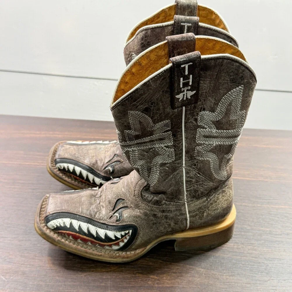 Tin Haul Sharky Cowboy Boots Boys Size 13 Brown Leather Shark Teeth Mouth
